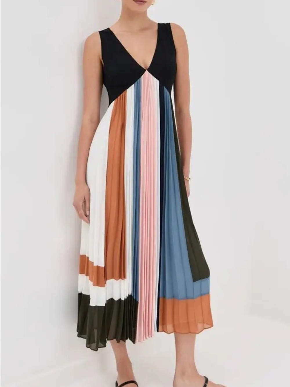 Sz 6 Veronica Beard Nelly Midi V Neck Dress Black Colorblock